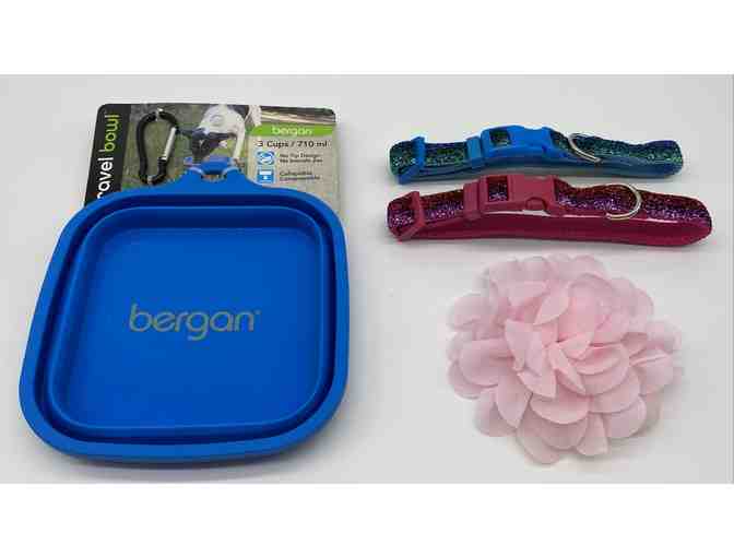 Travel in Style - Two Sparkly Collars, Pink Collar Flower, and a Blue Travel Bowl