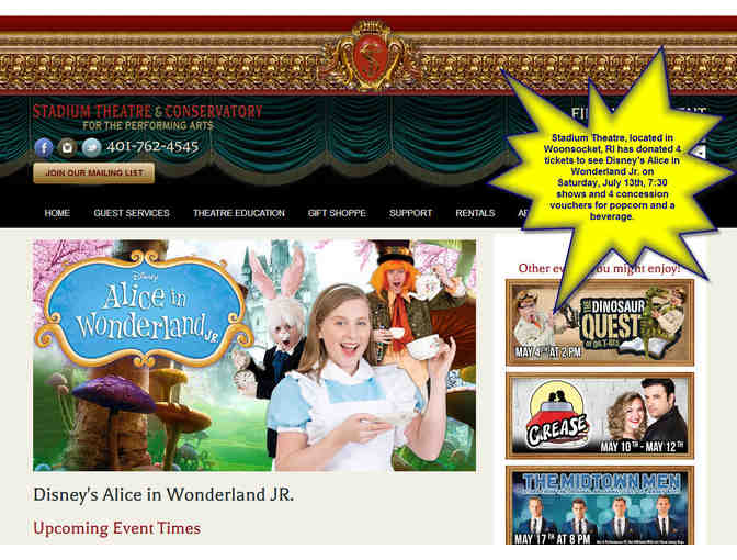 4 Tickets to see Disney's Alice In Wonderland, Jr at Stadium Theatre + 4 Concessions - Photo 1