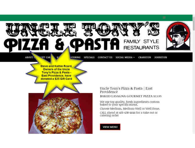 $25 Gift Card to Uncle Tony's Pizza & Pasta - East Providence Location - Photo 1