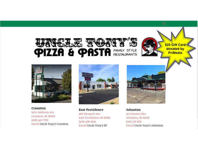 $25 Gift Card to Uncle Tony's Pizza & Pasta Restaurant - donated by PriMedia - Photo 1