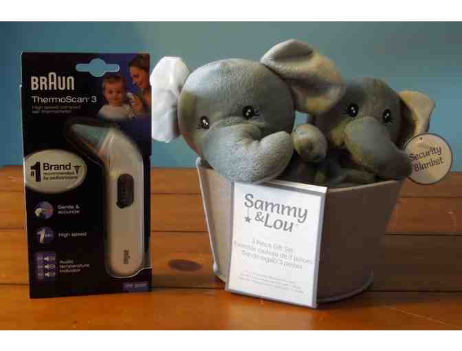 3 Piece Sammy and Lou Elephant Gift Bucket/Security Blanket plus Braun Thermometer - Photo 1