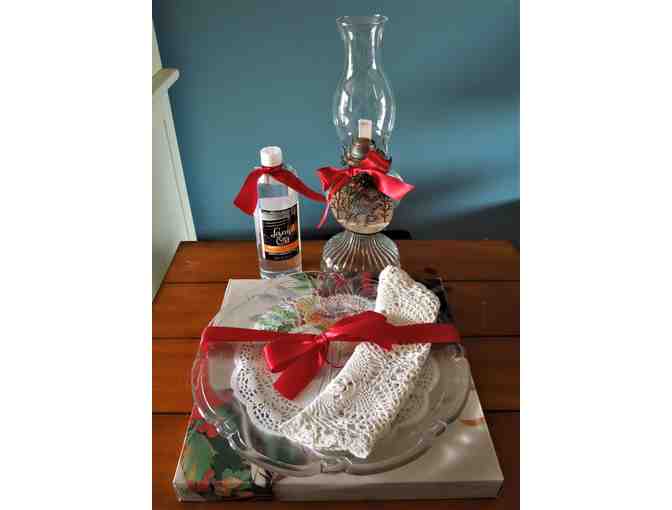 Mikasa Festive Bells Hostess Platter, Vintage Oil Lamp with wick and Oil, Table Doily
