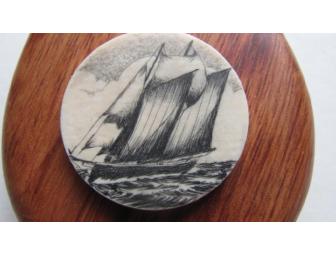 One of a kind OAK hand mirror with Ivory and hand etched scrimshaw by MaryEllen Sullivan