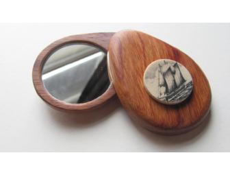 One of a kind OAK hand mirror with Ivory and hand etched scrimshaw by MaryEllen Sullivan