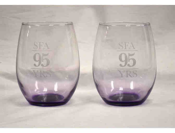 (2) Stemless SFA 95th Anniversary Wine Glasses & (1)  bottle of 'Brick Street Red' wine