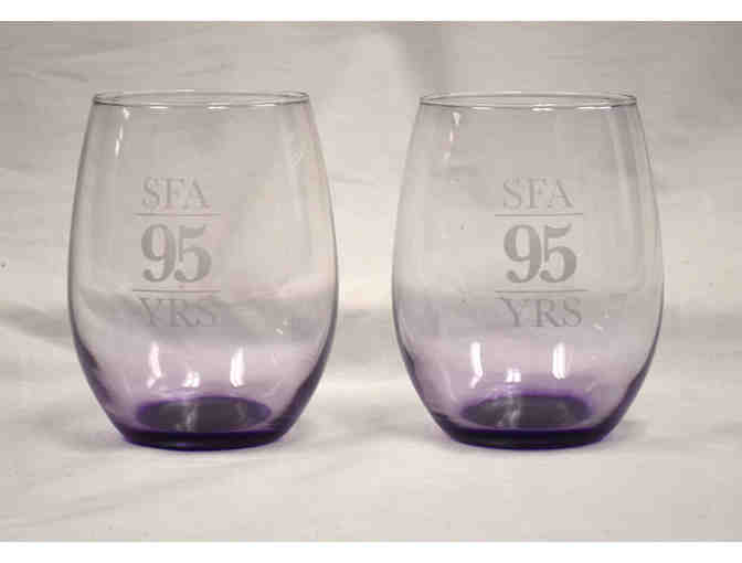 (2) Stemless SFA 95th Anniversary Wine Glasses & (1) bottle of 'Brick Street Red' wine