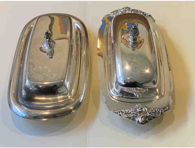 2 Silver Plate Covered Butter Dishes (Wallace Grand Baroque and Rogers)