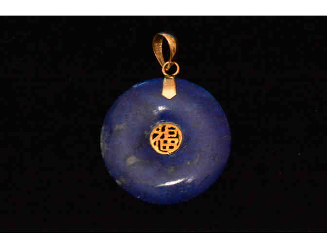 Circular Good Fortune Jade Disc Pendant with 14K Gold (Blue)