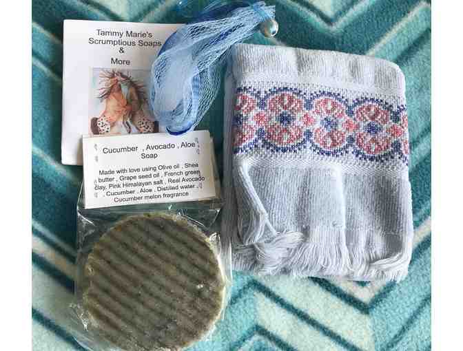 Handmade Soap and Embroidered Towel Set - Blue - Cucumber Avocado and Aloe