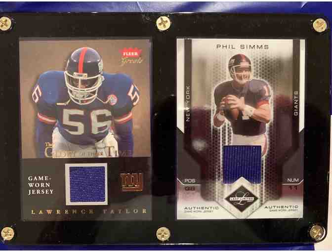 NY Giants LT / Phil Simms Game Worn Jersey Cards Signed Simms Bavaro Cards