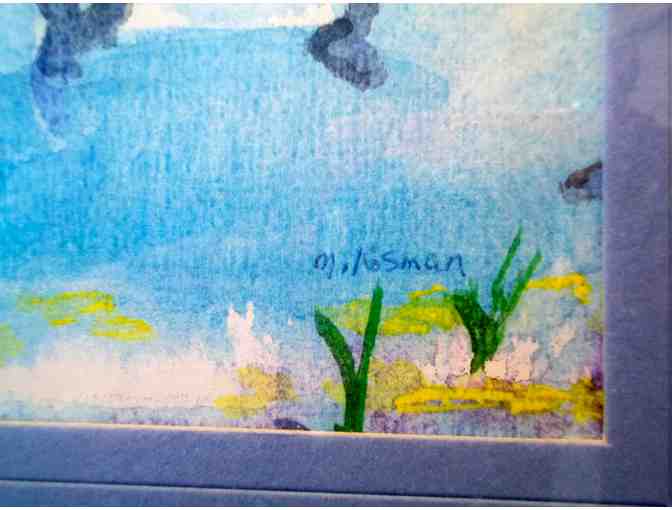 'Kiddush Levana' watercolor by M. Kosman w/ red-stained wooden frame