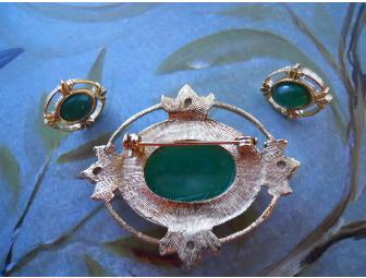 Green Oval Broach & Pierced Earring Set