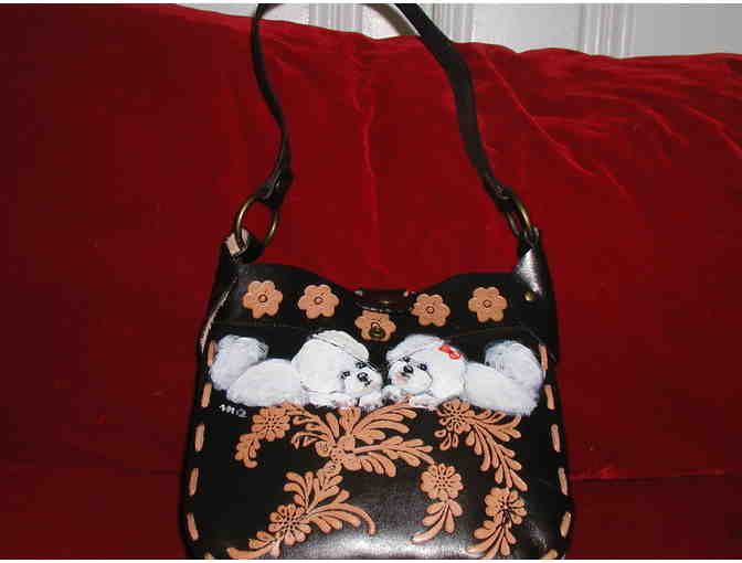 Handpainted Bichon on handtooled leather purse
