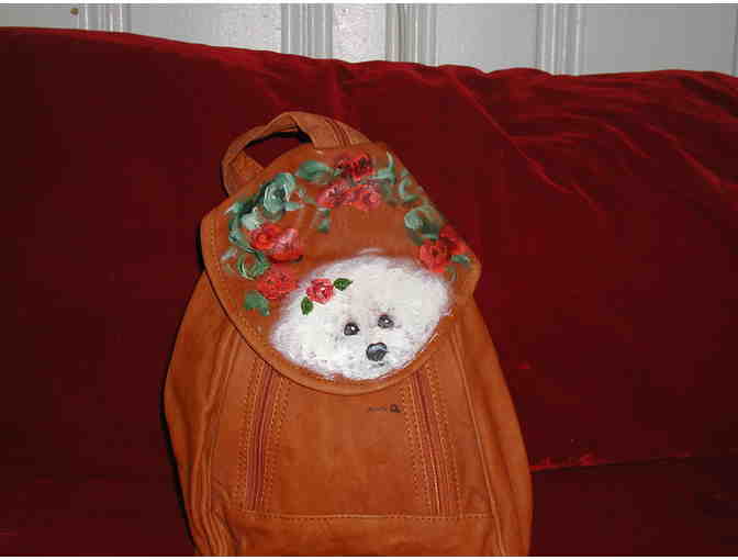 Handpainted Bichon leather adjustable backpack.