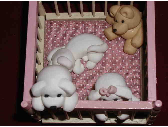 3 Sculpted Bichon babies in their playpen