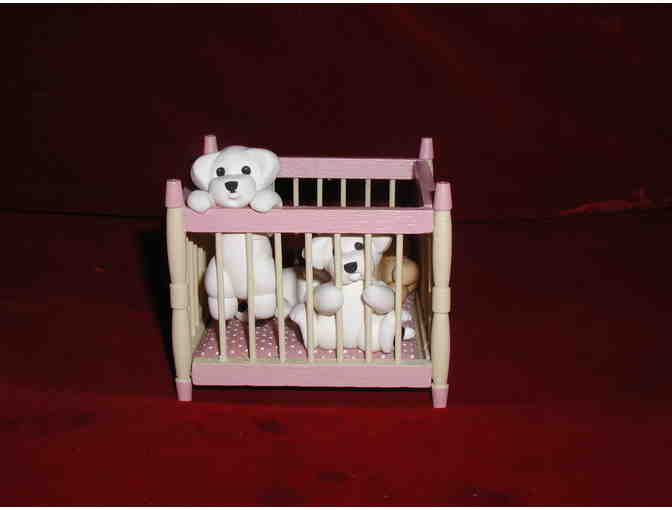 3 Sculpted Bichon babies in their playpen