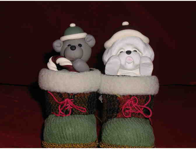 Sculpted  Bichon & his teddy sitting in a boot