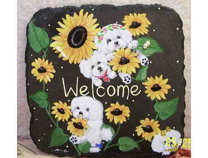 hand painted Bichon Sunflower Slate Welcome art