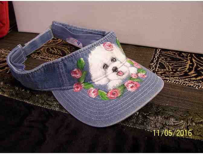 Hand painted Bichon on denim baseball cap