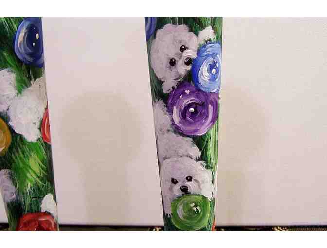 hand painted Bichon on pair of lg candle holders
