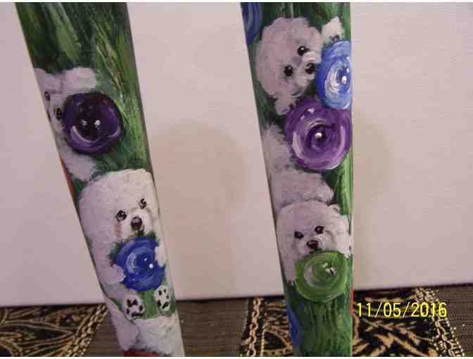 hand painted Bichon on pair of lg candle holders