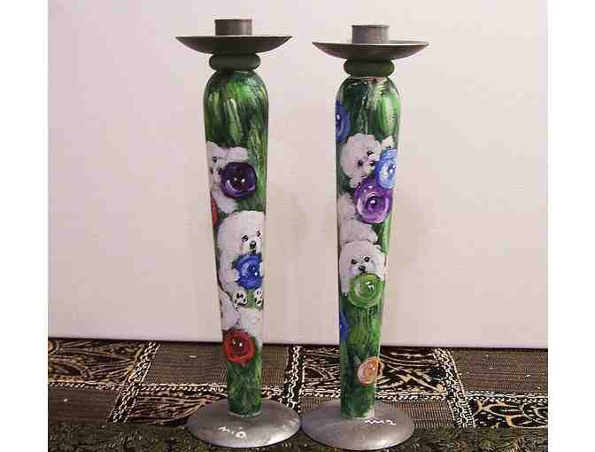hand painted Bichon on pair of lg candle holders