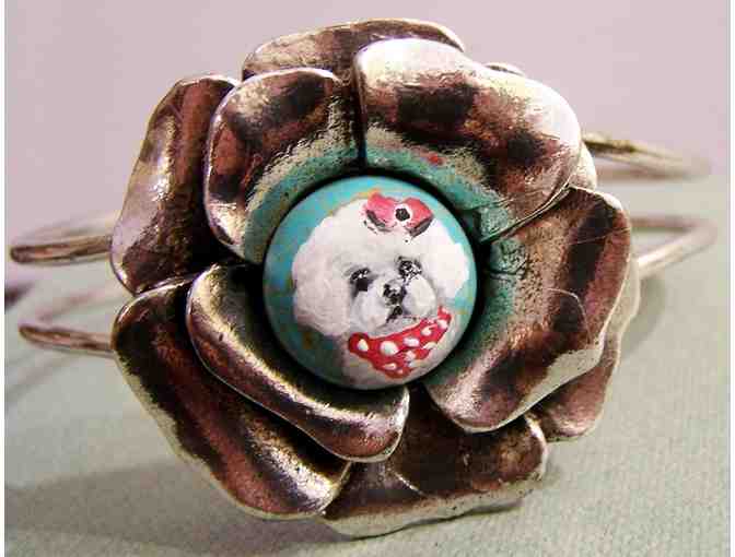 hand painted Bichon on turquoise silver bracelet