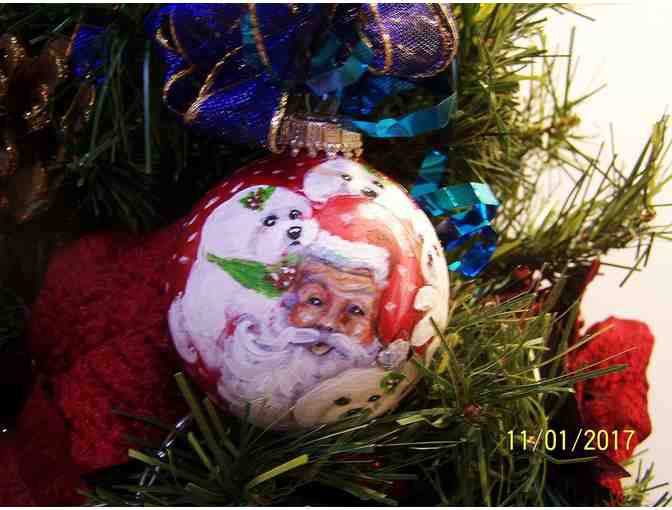 Hand painted Bichons with Santa glass ornament