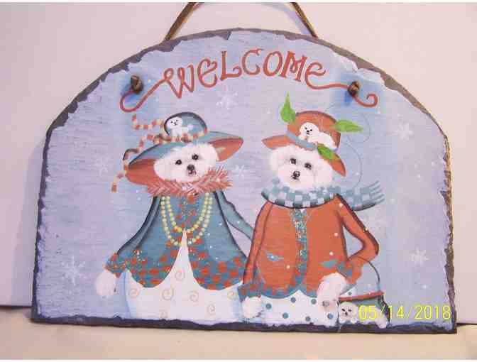 hand painted Bichon welcome slate sign