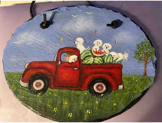 HAND-PAINTED SLATE w/BICHONS IN TRUCK
