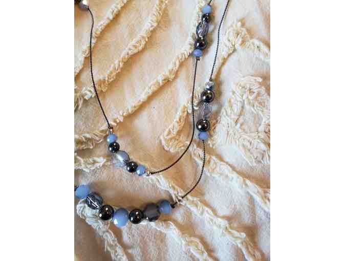 Super long blue beaded necklace
