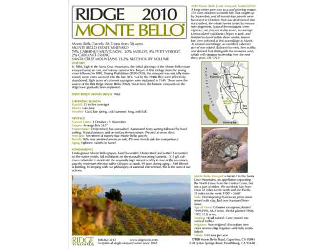 Ridge Vineyards (1) 3L bottle of 2010 Monte Bello