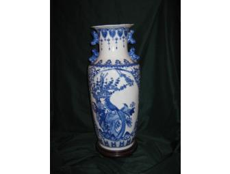 Lovely Blue and White hand painted glazed ceramic vase- vintage - 24 in. tall