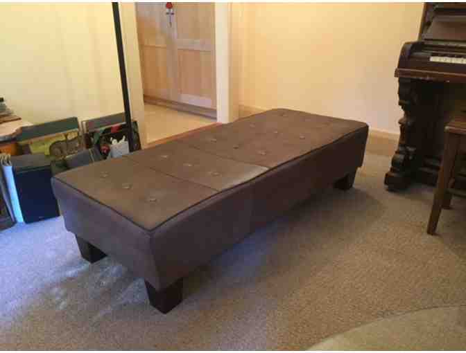 Vintage leather tufted bench/ottoman with sheepskin pillows