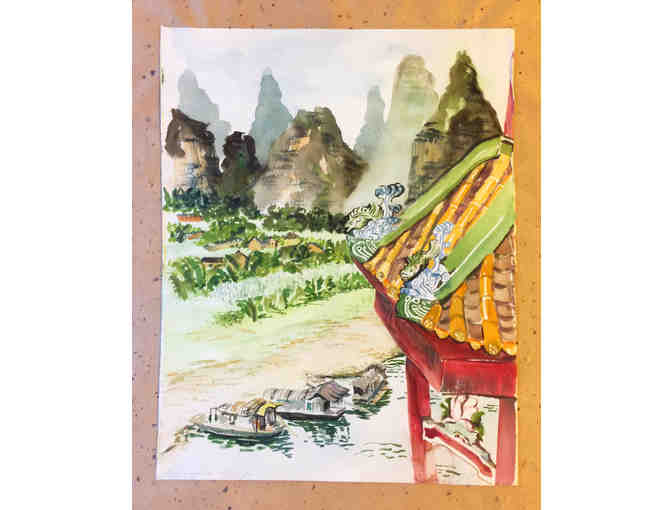 Watercolor Pagoda Painting in Bamboo Frame by Judith Eisen