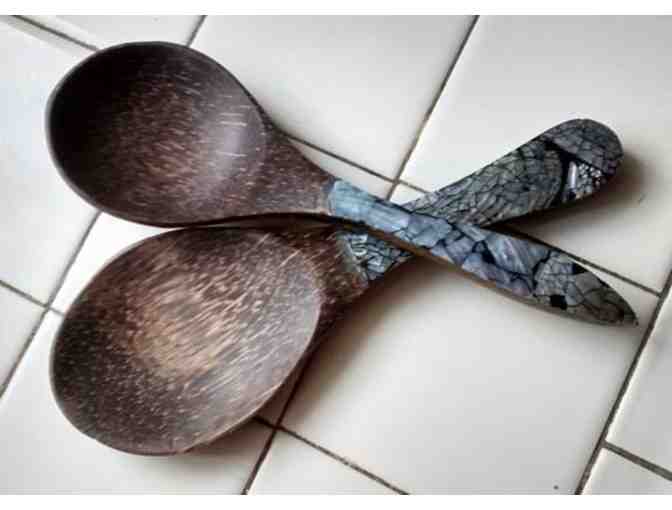 Coconut Wood Serving utensils with abalone mosaic detailing - Photo 1