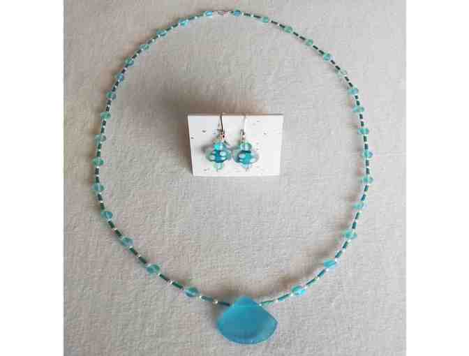 Ocean Blue Sea Glass Pendant Necklace & Earring Set