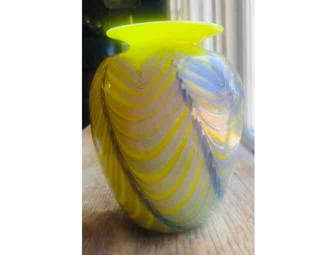 Handblown Yellow Vase with Silver-Blue Feathering Trails