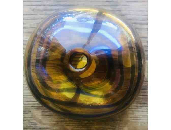 Handblown Clear Amber Vase with a Silver Blue Wrap by Leslie Moody Cresswell