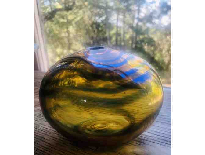 Handblown Clear Amber Vase with a Silver Blue Wrap by Leslie Moody Cresswell