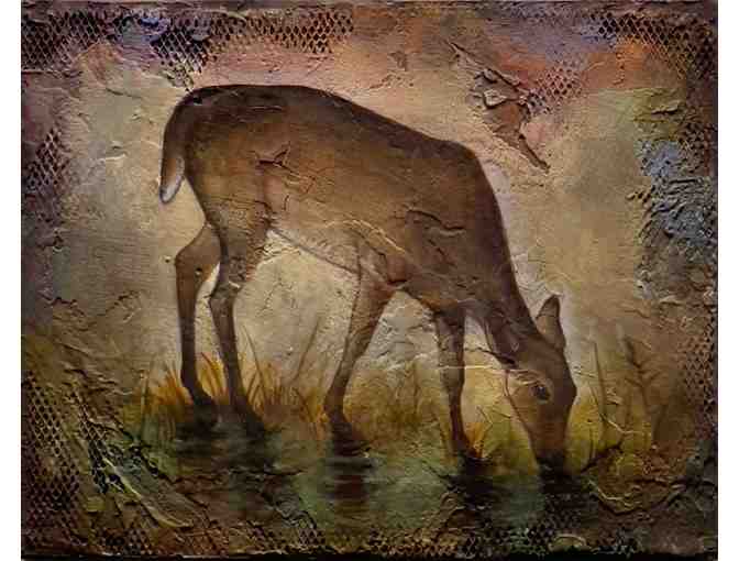 Art: Doe at water Mixed media on panel by Stacey Schuett