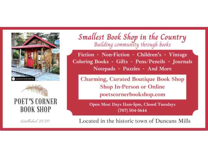 $25 Gift Certif to Poet's Corner Book Shop with canvas bag and 'Wild' Book collection.
