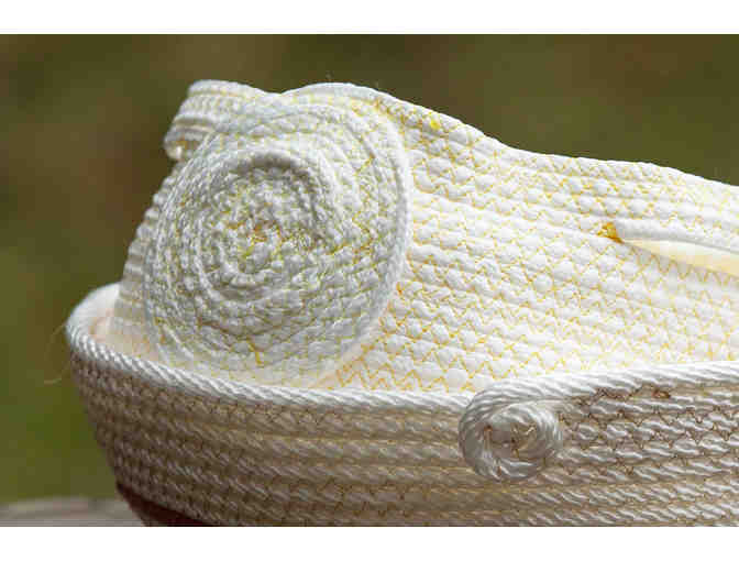 White with Red Stripe and Creamy Yellow handmade baskets, by Artist Kathi Moore