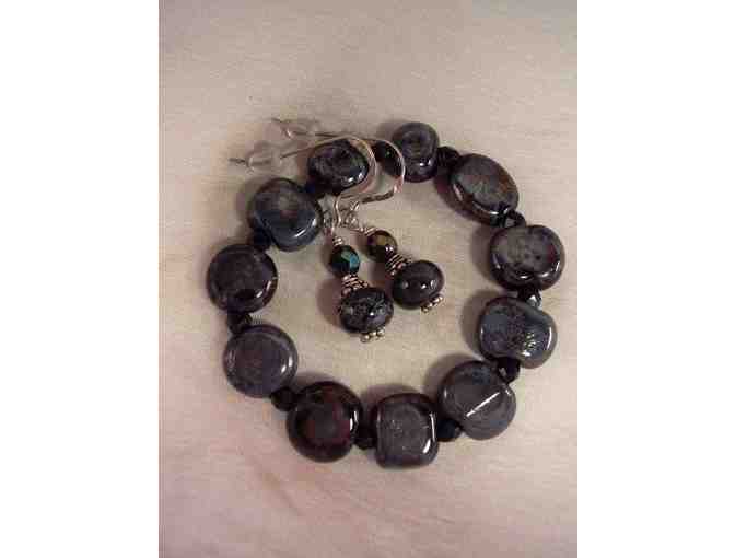 Blue Raku Stretch Bracelet & Matching Earrings Artisan Jewelry Set - Photo 1