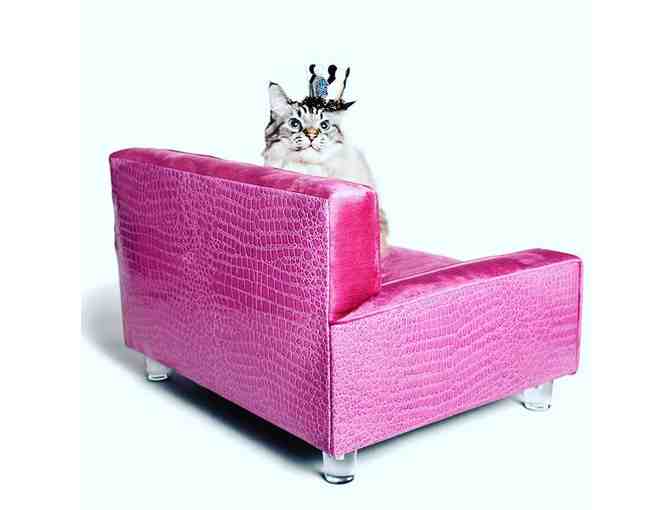 Otto's Empire dog bed- Bubblegum-pink velvet with pink faux croc back, crystal buttons and - Photo 1