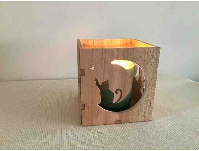 Wooden Candle Holder with Cats