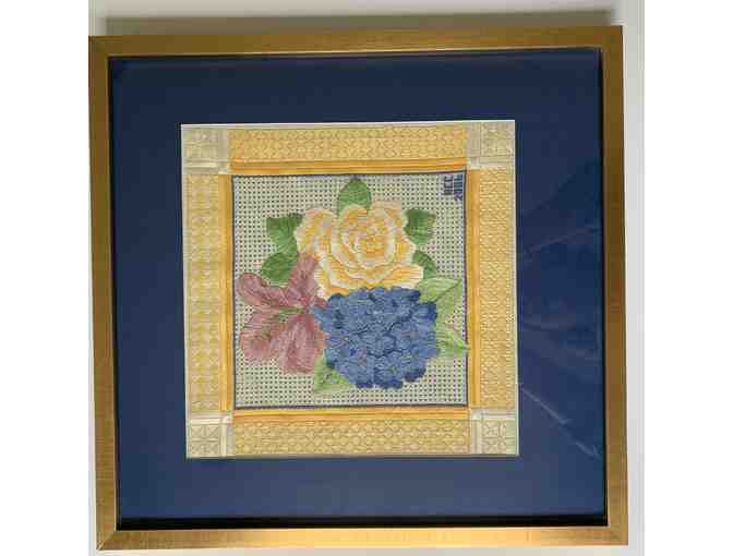 Framed Needlepoint by Anne Connerton - Blue & Yellow Floral
