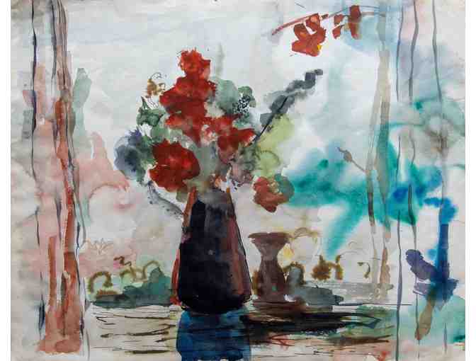 Vase with Red Flowers, Watercolor Painting by Irene Pastarnack - Photo 1