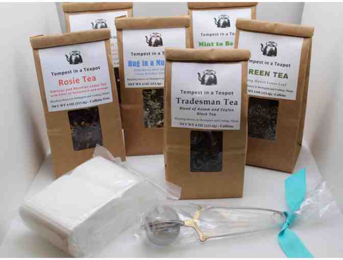 6 bags of loose-leaf tea, tea ball infuser, and tea bags from Tempest in a Teapot