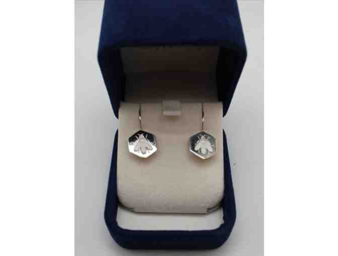 Sterling silver hexagonal bee earrings from Folia Jewelry